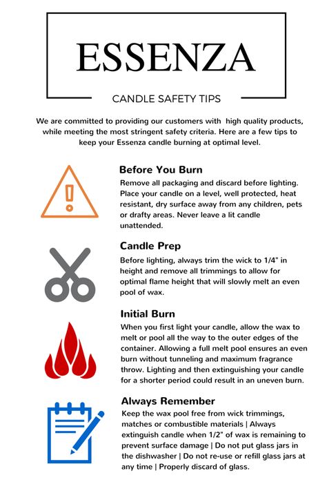 Candle safety tips and care instructions from Essenza. Candle Safety Tips, Candle Wax To Scent Ratio, Benefits Of Soy Wax Candles, Candle Wax Reading, Candle Facts, Candle Care Tips, Soy Candle Facts, Soy Candle Business, Candle Care Instructions