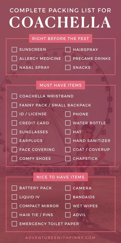 Complete packing list for Coachella, what to pack for Coachella, free coachella packing checklist Concert Tips Survival Guide, What To Bring To A Concert List, Festival Bag Essentials, Festival Necessities, Music Festival List, Coachella Camping, Festival Checklist, Coachella Bag, Festival Packing