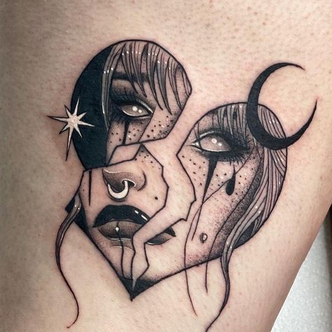 Love After Heartbreak, After Heartbreak, Gemini Tattoo Designs, Girl Face Tattoo, Devil Tattoo, Wicked Tattoos, Gemini Tattoo, Creepy Tattoos, Tatuaje A Color