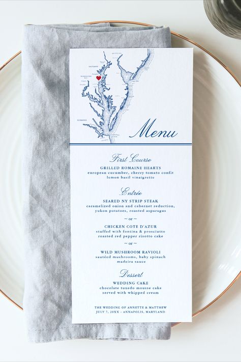 Annapolis Wedding Menus featuring a map of Chesapeake Bay on a linen napkin Chesapeake Bay Wedding Theme, Maryland Wedding Favors, Chart House Annapolis Wedding, Chocolate Tuxedo, Grilled Romaine Hearts, Elegant Navy Blue Wedding, Chesapeake Bay Wedding, Tuxedo Cake, Map Wedding Invitation