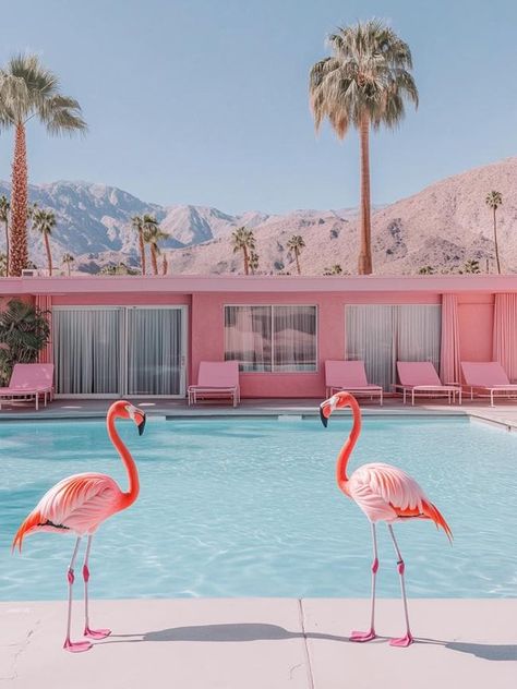 Transport yourself to a sun-drenched oasis where desert beauty meets poolside leisure. This artistic creation celebrates the whimsical charm of Palm Springs, with two elegant flamingos standing poised beside a crystal-clear pool. Set against a stunning backdrop of pink mid-century modern architecture and towering palm trees, this scene captures the essence of retro desert bliss. The distant mountains, bathed in the warm desert glow, frame the serene composition, making it the perfect blend of vintage chic and contemporary art.  A pink hue throughout the piece will tie in to other pink decor in your space! Ideal for lovers of desert landscapes, poolside nostalgia, and mid-century modern aesthetics, this art print infuses any space with a splash of color and playful elegance. Whether you cho The Saguaro Palm Springs, Palm Springs 80s Aesthetic, Retro Palm Springs Aesthetic, Desert Oasis Aesthetic, Vintage Palm Springs Aesthetic, Vintage Desert Aesthetic, Palm Springs Landscape, Palm Springs Bathroom, Palm Springs Bach