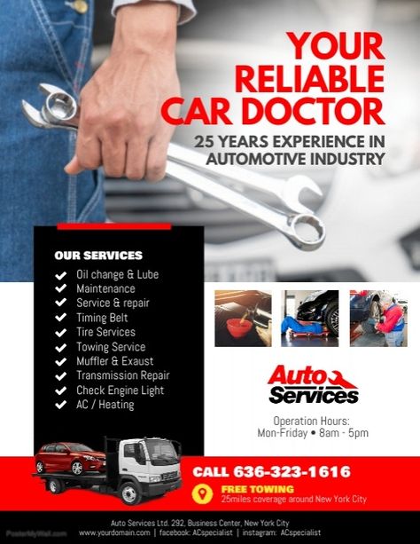 Auto Repair Service Flyer Poster Template Service Poster Ideas, Car Service Poster, Services Poster, Car Doctor, Service Poster, Transmission Repair, Towing Service, Reliable Cars, Car Repair Service