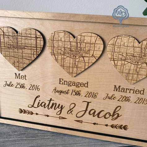 Coordinates Sign, Laser Engraved Wedding, Wedding Date Sign, Personalized Engagement Gifts, Laser Cut Wood Crafts, Three Hearts, Laser Engraved Ideas, Wedding Card Holder, Wedding Gift Boxes