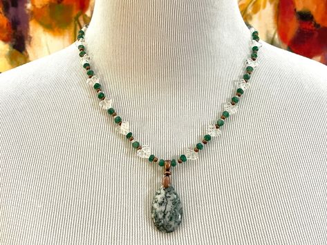 Tree Agate Beaded Pendant Necklace, Quartz, Green, and Copper Gemstone Necklace, Forest Fairy Necklace, Leaf Necklace, Green Witch Necklace Cottage Core Forest, Green And Copper, Upcycled Vintage Jewelry, Witch Necklace, Tree Agate, Fairy Necklace, Beaded Pendant Necklace, Necklace Green, Green Copper