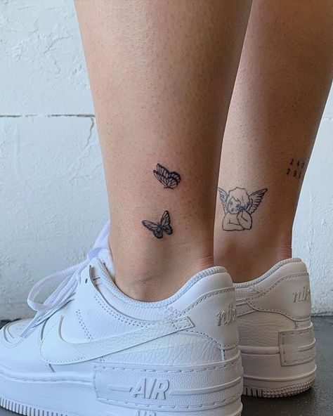 Emily on Instagram: “Fresh butterflies and healed cherub 🖤 thank you Sian #finelinetattoo” Back Of Ankle Tattoo, Butterfly Ankle Tattoos, Tiktok Tattoo, X Aesthetic, Dainty Tattoo, Trending Diy, Ankle Tattoos For Women, Anklet Tattoos, New Tattoo Designs