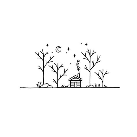 Cabin Doodles Simple, Simple Drawings Aesthetic Nature, Easy Drawings Of Trees, Cabin Sketch Simple, Line Art Easy Simple, Simple Cabin Drawing, Cabin Line Art, Simple Christmas Doodles To Draw, Doodle Trees Easy