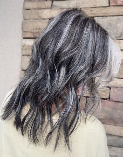 Transitional Grey Hair, Gray Transition, Grey Hair Journey, Silver Hair Highlights, Dark Grey Hair, Gray Balayage, Grey Hair Transformation, Grey White Hair, Hair Transition