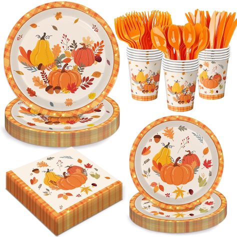 PRICES MAY VARY. FALL THANKSGIVING PARTY TABLEWARE SET: 24 dinner paper plates (9 inches), 24 dessert paper plates (7 inches), 24 napkins, 24 knives, 24 forks, and 24 spoons, which can serve a party of up to 24 guests. Throw a happy Thanksgiving party with our fall party decorations and 'wow' your guests. AUTUMN HARVEST DESIGNS: The pumpkin design of this Thanksgiving party tableware set, featuring scattered autumn leaves and pumpkins, creates a strong autumn and Thanksgiving atmosphere, bringin Fall Plates, Harvest Party Decorations, Autumn Farm, Thanksgiving Party Decorations, Fall Party Decorations, Fall Party Themes, Fall Dinner Party, Fall Birthday Parties, Dinner Party Decorations