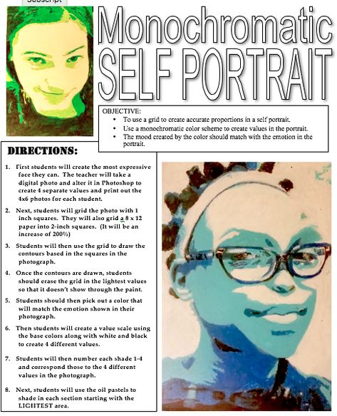 Self Portrait Middle School Art, High School Art Prompts, Monochromatic Art Projects High School, Art Class Syllabus Middle School, Painting Projects For High School, High School Self Portrait Project, High School Value Art Projects, Monochromatic Self Portraits, Texture Art Projects High School