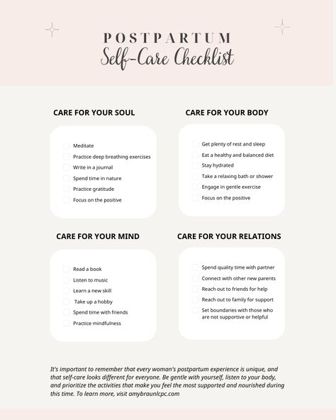 Colorful checklist with easy postpartum self-care tips from a personal perspective, including sleep tips, quick self-care practices, and reminders for personal time. Holistic Postpartum Care, Postpartum Self Care, Postpartum Symptoms, Mom Self Care, Confidence Books, Partner Reading, Unsolicited Advice, Christian Counseling, Feeling Disconnected