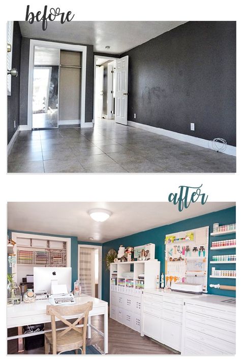 WOW, this before and after Craft Room change is amazing! She Shed Craft Room, Office Craft Room Combo, Organiser Son Dressing, Craft Shed, Dream Craft Room, Craft Room Design, Craft Space, Quilting Room, Scrapbook Room