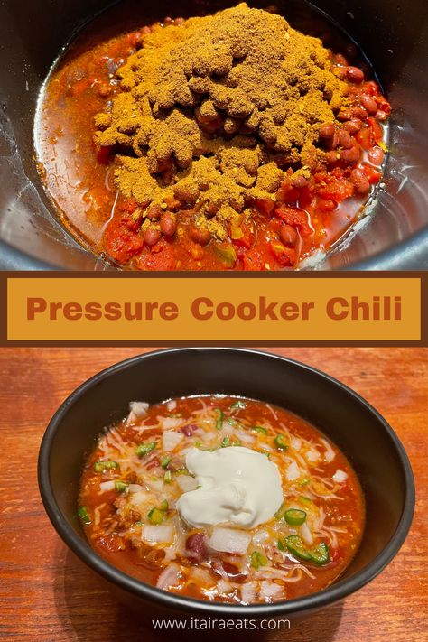 Chili Pressure Cooker Recipe, Pressure Cooker Chilli, No Beans Chili, Pressure Cooker Chili, Beef And Beans, Chili Instant Pot, Jalapeno Cheddar Cornbread, Homemade Chili Recipe, Baked Tortilla Chips