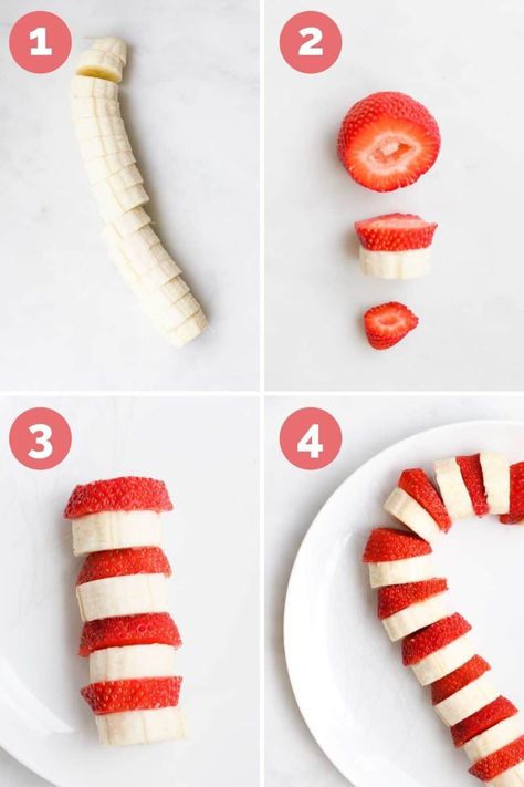 How cute is this Strawberry and Banana Candy Cane? A fun and healthy Christmas snack idea for kids. Young kids will love to help and it is a great way to teach repeated pattern and counting skills. Looking for other healthy Christmas snacks? This site has a load of great ideas... Healthy Christmas Snacks, Healthy Christmas Treats, Christmas Party Snacks, Christmas Recipes For Kids, Strawberry And Banana, Winter Snack, Banana Candy, Healthy Candy, Strawberry Candy