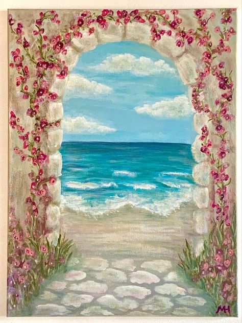 Beach Aesthetic Painting Easy, Ocean Aesthetic Painting Easy, Paintings Simple, Ocean Aesthetic Watercolor, Greece Watercolor Painting Easy, Gouache Beach Painting, Beachy Paintings, Simple Canvas Paintings, Summer Painting