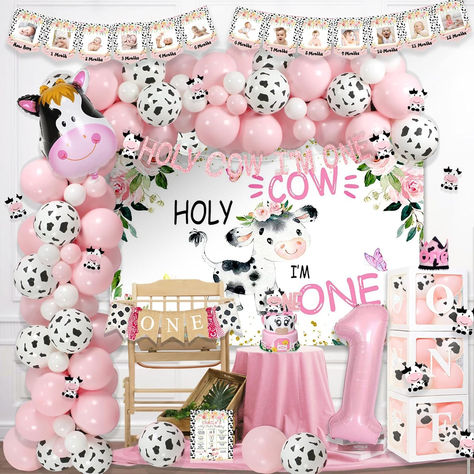 Holly Cow Im One Party, Holy Cow Birthday Party Ideas, Holy Cow I’m One Girl, One Year Old Birthday Decorations, Cow First Birthday Party, Cow 1st Birthday Girl, Cow First Birthday Girl, First Birthday Girl Decorations, Holy Cow I’m One