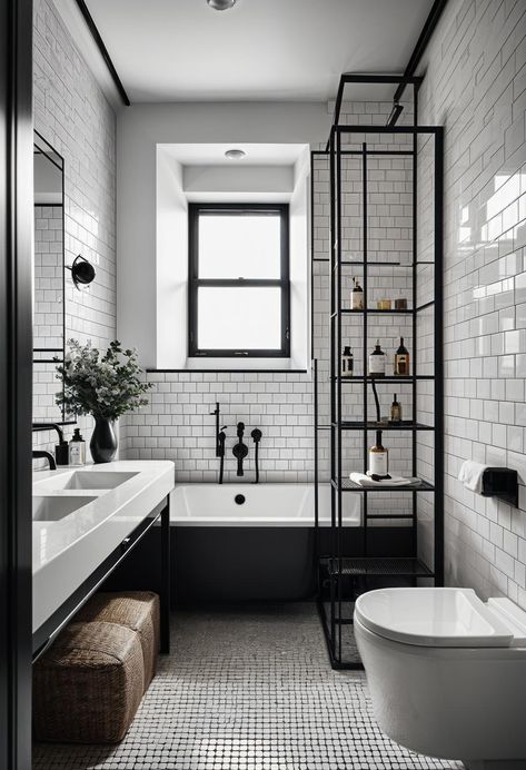 19 Artistic Black & White Bathrooms That Inspire Creativity Minimalist Decor Black And White, Modern White And Black Bathroom, Small White And Black Bathroom, Monochrome Bathroom Ideas, Small Black And White Bathroom, Victoria Decor, Black And White Bathroom Design, White And Black Bathroom, Sea Houses