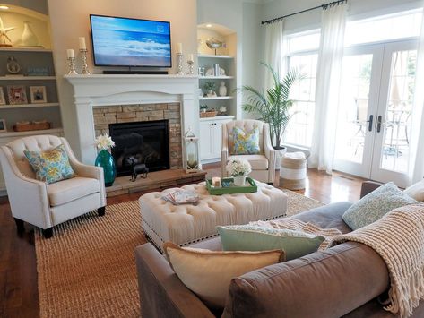 Gallery — Wow I Love That Sofa Layout, Coastal Decorating Living Room, Coastal Living Rooms, Coastal Living Room, Family Room Decorating, Living Room Remodel, Family Room Design, Room Remodeling, Living Room With Fireplace