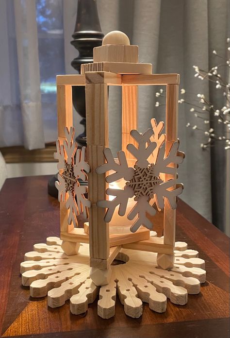 Diy Craft Sticks Ideas, Jenga Block Barbie Furniture, Christmas Jenga Block Crafts, Jenga Blocks Lantern, Christmas Wooden Lanterns, Tumbling Tower Block Crafts Diy Christmas, Jenga Block Crafts Diy, Dollar Tree Wooden Snowflake Crafts, Diy Jenga Blocks Ideas