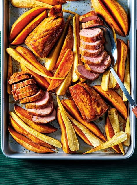 Pork tenderloin is always a winning dinner idea, and this sheet-pan version is sure to become a fast favourite. Pork Tenderloin With Sweet Potatoes, Slow Cooked Pulled Pork, Pork Glaze, Pork Tenderloin Recipes, Pan Recipes, Stuffed Pork Tenderloin, Sheet Pan Recipes, Pork Tenderloin, Parsnips