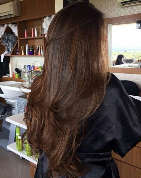 @willyspinheirohairdesign Brunette Long Layered Hair, Glossy Brown Hair, Pretty Brown Hair, Brown Hair Long, Soccer Hair, Warm Brown Hair, Brown Hair Inspo, Hair Inspiration Long, Long Healthy Hair