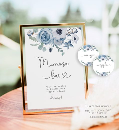 Dusty blue Mimosa Bar Sign, Bridal Bar Printable, Dusty blue Bubbly Bar Sign, Eucalyptus Bridal Shower Decoration Sign #dus Wedding Shower Dusty Blue, Dusty Blue Wedding Shower Decorations, Blue Mimosa Bar, Dusty Blue Wedding Shower Ideas, Dusty Blue Bridal Shower Decorations, Baby Blue Bridal Shower Ideas, Something Blue Bridal Shower Ideas Decor, Dusty Blue Bridal Shower Ideas, Blue And White Bridal Shower Ideas