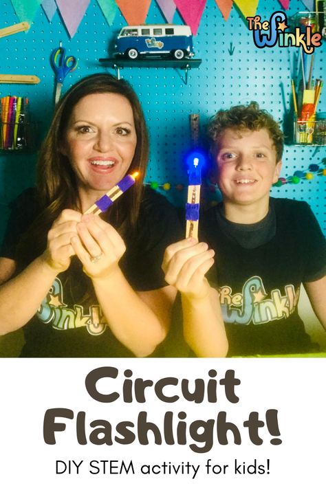 Learn how to make an LED flashlight and a simple circuit in this STEM project for kids! #thewinkle #winklecrate #stem #stemforkids #flashlight #diyflashlight #makeaflashlight #ledflashlight #flashlightforkids #homemadeflashlight #circuit #simplecircuit #led #circuits #learnaboutcircuits #stemactivity #stemproject #elementary #stemactivityforelementary #steam #steamactivity #steamproject #resource #lesson #science #technology #technologystem #stemwithcircuits #simplecircuits #circuitflashlight Simple Circuit Projects For Kids, Flashlight Craft For Kids, Flashlight Activities, Diy Flashlight, Flashlight Stem Activity, Circuits For Kids, Electric Circuit Activity, Diy Stem Projects, Simple Circuit Projects