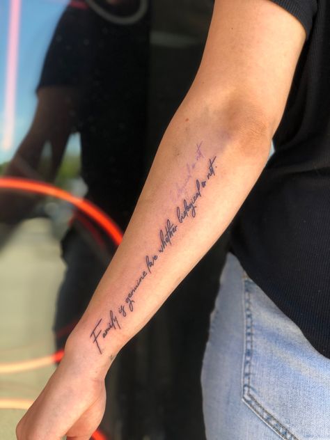 Happy Tattoo Ideas For Men, Writing On Forearm Tattoo, Forearm Tattoo Writing, Mamba Mentality Tattoo, Tattoo Quotes Forearm, Forearm Writing Tattoo, Forearm Quote Tattoo, Huge Tattoos, Forearm Script Tattoo