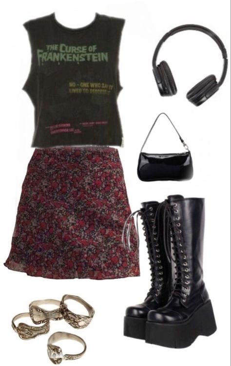 Black Spring Outfits Aesthetic, Outfit Ideas Whimsigoth, Y2k Pop Punk Outfits, Artistic Outfit Ideas, 90s Rockstar Outfit, Goth Bitmoji Outfits, Artsy Goth Outfits, 90s Rockstar Fashion, 90s Rockstar Girlfriend Outfits