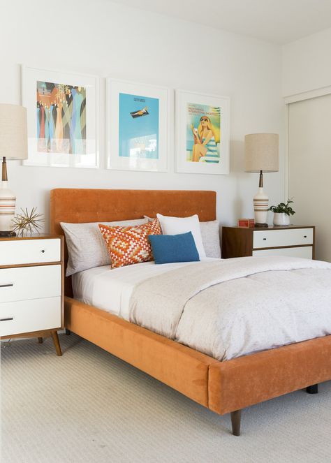 west-elm-palm-springs-mid-century-modern-luxury-42 Orange Upholstered Bed, Orange Headboard Bedroom Ideas, Mid Century Modern Bedding Set, Orange Bed Frame Decor, Orange Headboard Bedroom, Orange Bed Frame, Orange Bed, Orange Headboard, Bedroom Orange