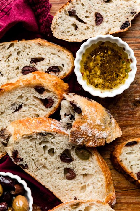 Learn how to make flavorful crusty and chewy olive bread with this simple no knead recipe on sallysbakingaddiction.com. Use kalamata olives or a medley. Bread With Olives, Kalamata Olive Bread, Olive Bread Recipe, Artesian Bread, Foccacia Bread, Olive Bread, Croissant Recipe, Olive Recipes, Artisan Bread Recipes