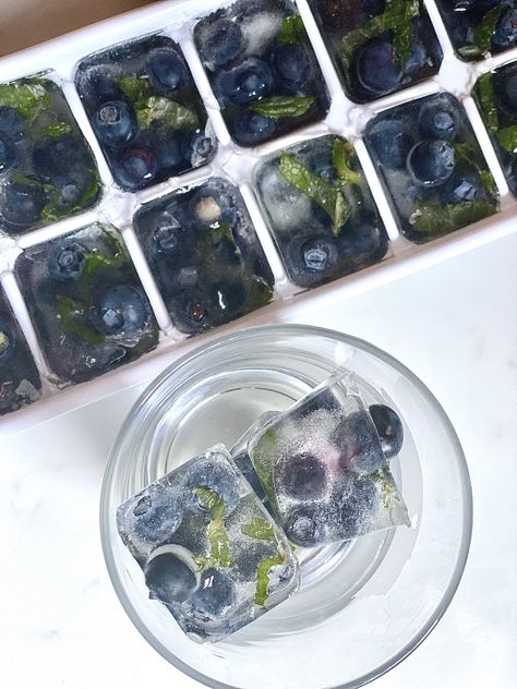 Blue Flower Ice Cubes, Blueberry Mint Ice Cubes, First Birthday Blueberry Theme, Blueberry Mint Water, Different Ice Cubes, Blueberry Ice Cubes, Blueberry Party Favors, Fruit Infused Ice Cubes, Something Blue Bridal Shower Ideas Food