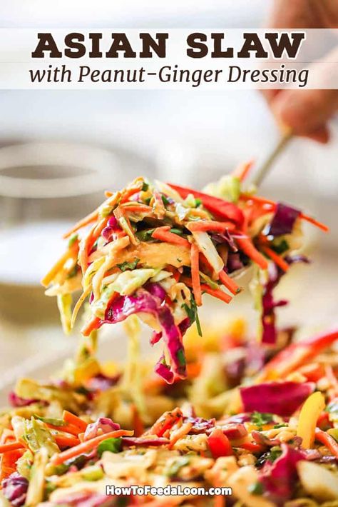 Asian Slaw with Peanut-Ginger Dressing is truly one of those side dishes that is bursting with fantastic taste and is gorgeous on the table. Get the complete recipe with ALL-NEW VIDEO on the blog! Thai Slaw With Peanut Dressing, Asian Ginger Salad, Peanut Slaw Recipe, Asian Slaw Dressing, Ginger Slaw, Peanut Ginger Dressing, Asian Slaw Recipe, Slaw Dressing, Chicken And Cabbage