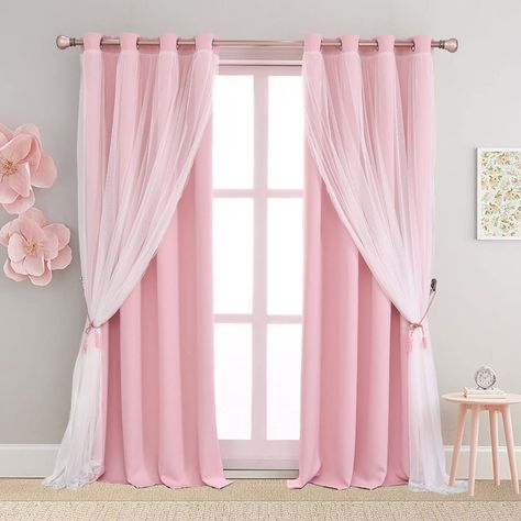 Amazon.com: SOFJAGETQ Pink Curtains 84 inch Length - Double Layers Blackout and Sheer with Lace Hem Window Curtains & Draperies Panels for Kids/ Girls Bedroom Living Room Nursery, Lght Pink, 2 PCs : Home & Kitchen Windows Curtains Ideas, Double Curtains Living Room, Light Pink Room, Havenly Office, Pink Bedroom Curtains, Baby Pink Curtains, Bedroom Window Curtains, Princess Curtains, Ajmal Khan