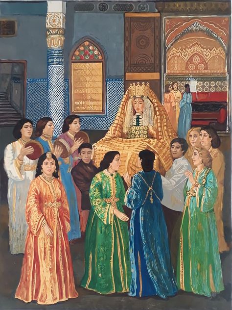 Mariage marocain d'époque avec femmes en tenues traditionnelles qui est le Caftan fait dans de riches étoffes - Moroccan Art Painting, Moroccan Painting, Caftan Moroccan, Morocco Art, Art Marocain, Moroccan Bride, Fes Morocco, Moroccan Aesthetic, Moroccan Clothing