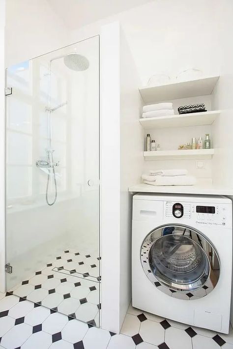 a black and white bathroom with a shower space, built in shelves and a washing machine looks cohesive and harmonious Laundry Bathroom Combo Layout Small Stacked, Utility With Shower And Toilet, Utility And Shower Room Ideas, Bathroom And Laundry Room Combo, Laundry Bathroom Combo, Small White Bathrooms, Small Utility, Modern White Bathroom, Laundry Room Bathroom