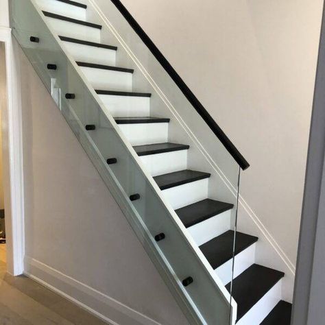 Black And Glass Staircase, Stairs With Glass Railing, Stairs Glass Railing, Stairs With Glass, Black And White Stairs, Glass Stair, Custom Stairs, Glass Railing Stairs, Straight Stairs