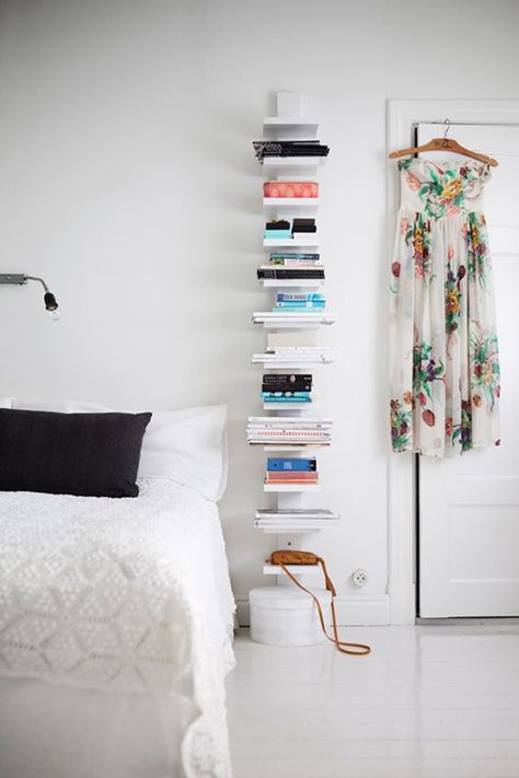 Small Space Ideas: Where to Store Books | Apartment Therapy Nightstand Alternative, Vertical Bookshelf, Decor Studio, Small Bedroom Decor, Studio Apartment Decorating, Design Del Prodotto, Bedroom Decoration, Book Shelf, White Houses