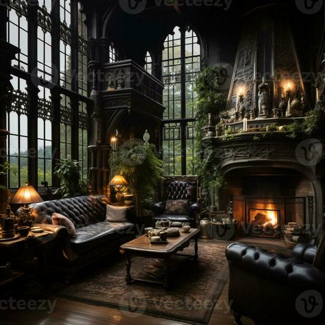 Interior Design, Beautiful Living room Gothic Style, Luxury Mansion, Elegant tall window, AI Generative Gothic Cottage Living Room, Gothic Interior Aesthetic, Gothic Style Living Room, Gothic Atrium, Victorian Manor Interior, Esme Aesthetic, Gothic Interior Design Victorian, Victorian Mansion Aesthetic, Gothic Conservatory