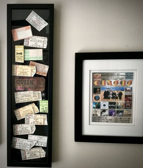 Shadow box for tickets of concerts I've attended over the years. Off Set on layers of foam core to give it depth and distinction between them Ticket Keepsake Ideas, Concert Ticket Shadow Box Display, Shadow Box Tickets, Concert Ticket Wall Decor, Display Concert Tickets, Concert Ticket Display Ideas, Framed Concert Tickets, Memory Display Ideas, Concert Memories Ideas