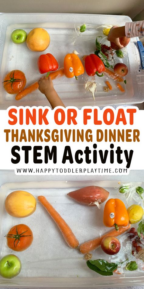 Sink or Float Thanksgiving Dinner STEM Activity - HAPPY TODDLER PLAYTIME Thanksgiving Stem Projects, Thanksgiving Stem Activities, November Lesson Plans, Fall Stem Activities, Thanksgiving Stem, Thanksgiving Activities Preschool, Stem Activities For Kids, Thanksgiving Lessons, November Activities