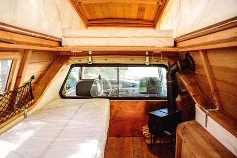 Photo 6 of 12 in Artist Jay Nelson Turns Cars, Trucks, and Boats Into Adventure-Seeking Dream Machines - Dwell Toyota Tacoma Camper, Jay Nelson, Truck Camper Build, Truck Cap Camper, Wooden Truck Bedding, Tacoma Camper, Pickup Camping, Truck Camper Shells, Truck Conversion