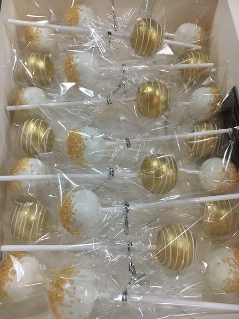 Gold And White Party Tables, White And Gold Sweets Table, White And Gold Cakepops, Gold And White Treats, Gold Treats Desserts, Golden Cake Pops, White And Gold Winter Wonderland Party, White And Gold Masquerade Party, Graduation Party White And Gold