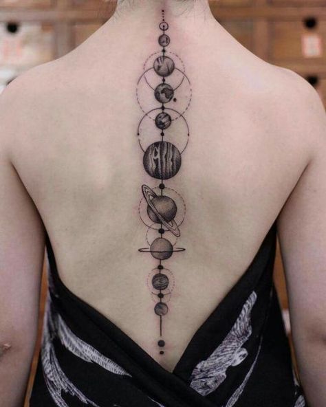 17 Spine Tattoo Designs That Will Chill You To The Bone 14 Tattoos For Women On Thigh, Planet Tattoo, Solar System Tattoo, Planet Tattoos, 4 Tattoo, Spine Tattoos For Women, Disney Tattoo, Space Tattoo, Spine Tattoo