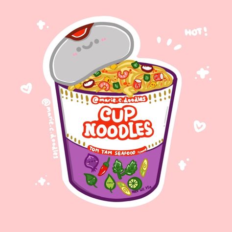 Sticker Store Is Open ✨ on Instagram: “Tom Yum Seafood cup noodles flavour 💜 Instant noodle series part 3 Definitely one of the flavour that looks very interesting! 🤩 Tried…” Instant Noodle Illustration, Cup Noodles Drawing, Mie Cup, Instant Noodles Aesthetic, Noodles Sticker, Noodle Cup, Noodle Art, Valentines Illustration, Tom Yum