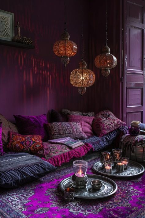 29 Dark Boho Living Room Ideas 7 Dark Purple Living Room, Dark Purple Wall, Queen Decor, Glamour Room, Dark Boho Living Room, Colourful Interiors, Dark Palette, Moody Colors, Purple Living Room