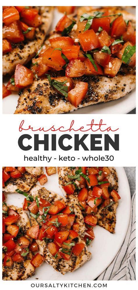 Bruschetta chicken (grilled or baked) is an easy summertime spin on a classic. Top chicken breast with a blend of tomatoes, garlic, and basil for a quick and very healthy dinner recipe. Naturally low carb and paleo, make this easy chicken recipe keto or Whole30 as well by eliminating the balsamic glaze. This recipe includes options for grilled chicken or oven baked chicken breasts. Mangia! #chickenrecipes #healthyrecipes #grilling #grilledchicken #summerrecipes Whole 30 Bruschetta Chicken, Bruschetta Chicken Baked Healthy, Healthy Ways To Season Chicken, Grilled Chicken Ideas Healthy, Healthy Bruschetta Chicken, Chicken Bakes Healthy, Healthy Lean Chicken Recipes, Chicken Breast Balsamic Recipes, Chicken And Roasted Tomatoes