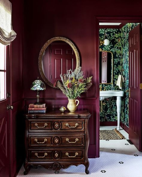 All Posts • Instagram Botanical Victorian Decor, Dark Burgundy Room, Moody Bright Living Room, Red Green Bedroom, Burgundy Dining Room, Maroon Bedroom, Dark Jewel Tones, Moody House, Burgundy Room