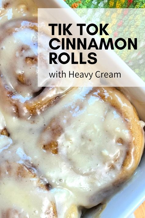 Cinnamon Rolls with Heavy Cream in baking dish with frosting Homemade Cinnamon Rolls With Crescent, Easy Home Made Cinnamon Rolls Recipes, Easy Ultimate Cinnamon Rolls Pillsbury, Crazy Good Cinnamon Rolls, Overnight Cinammon Rolls Recipe, Best Store Bought Cinnamon Rolls, Super Easy Cinnamon Rolls, Elevate Store Bought Cinnamon Rolls, Tik Tok Famous Cinnamon Rolls