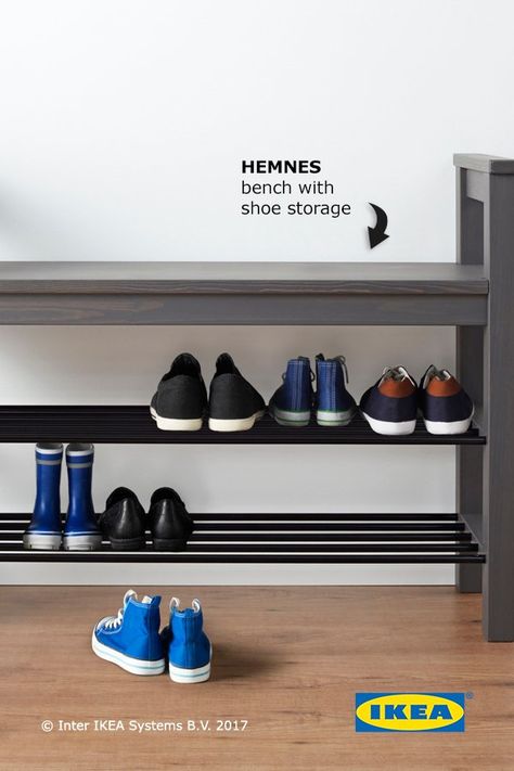 The IKEA HEMNES bench with shoe storage is a dual-function bench and organizer that keeps your shoes by the door and gives you a place to easily put them on and take them off. Hemnes Bench, Ikea Garage, Black Shoe Bench, Shoe Storage Closet, Dark Wood Shoe Bench, Shoes Organization, Colorful Studio, Ikea Items, Ikea Bank