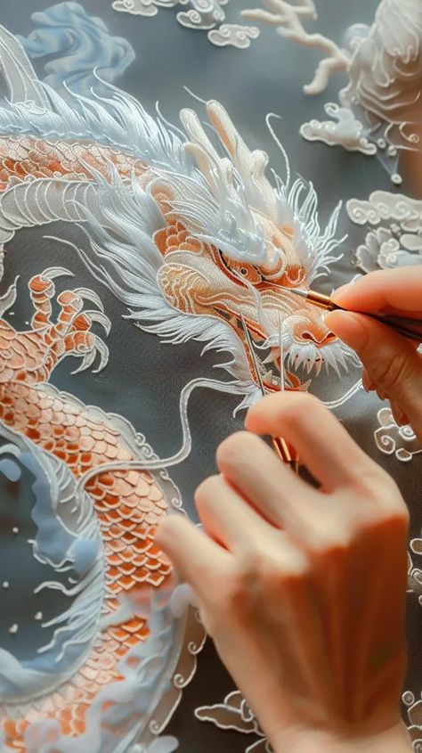 The image shows a person embroidering a dragon on a white fabric. The dragon is white and gold, and the fabric is light blue ->> more details in ai-img-gen.com Gold Dragon, White Fabrics, Blue Fabric, Light Blue, Art Images, White, Blue, Fabric, Gold